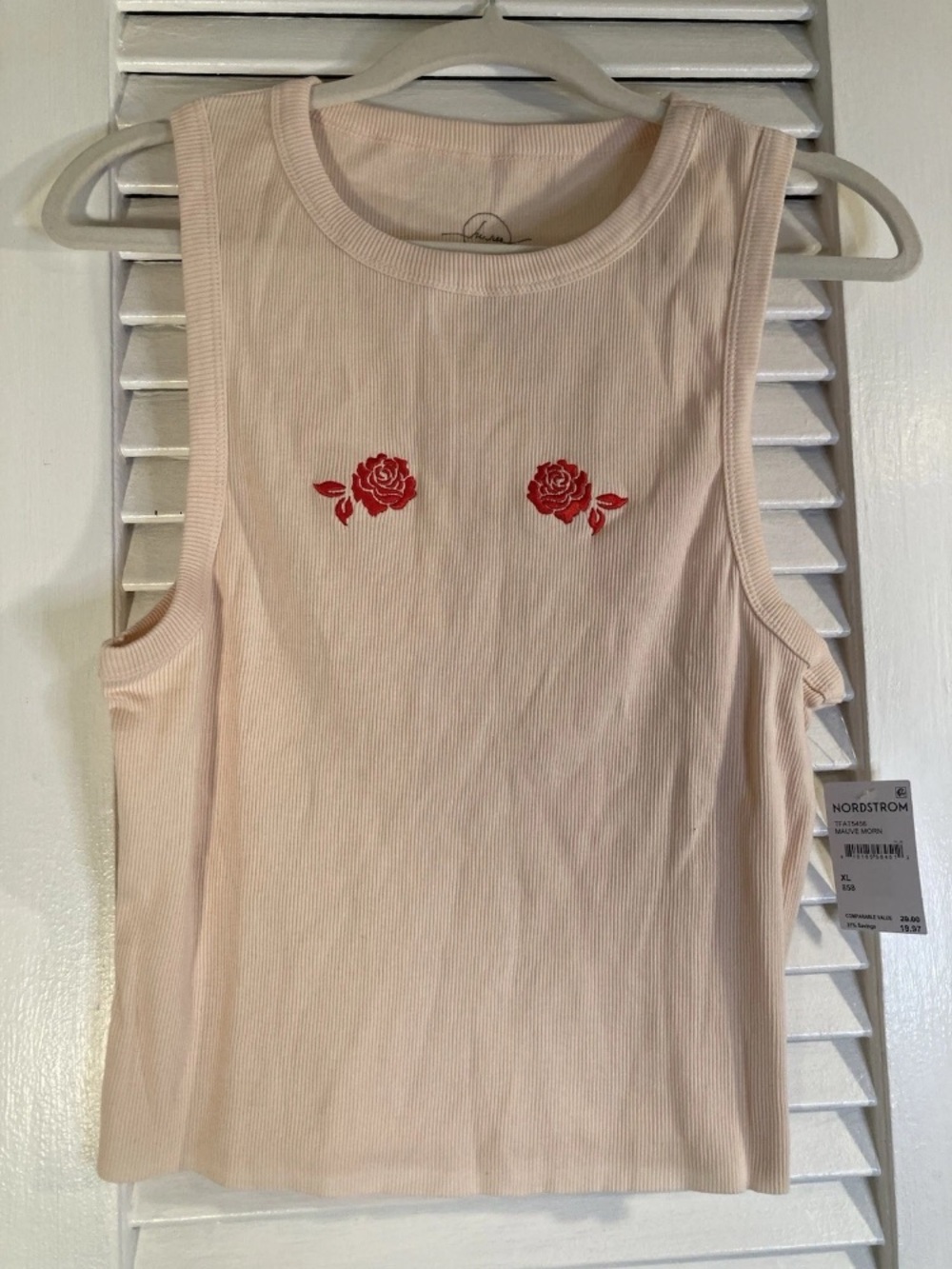 Women's Pink Ribbed Tank Top with Red Rose Embroidery